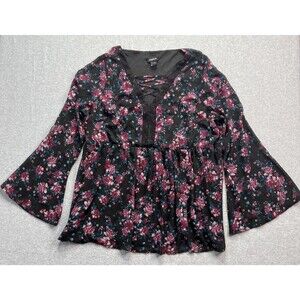 Torrid Floral Chiffon Lace Up Top Size 1 14/16 1X Bell Sleeve Gothic Witchy Boho